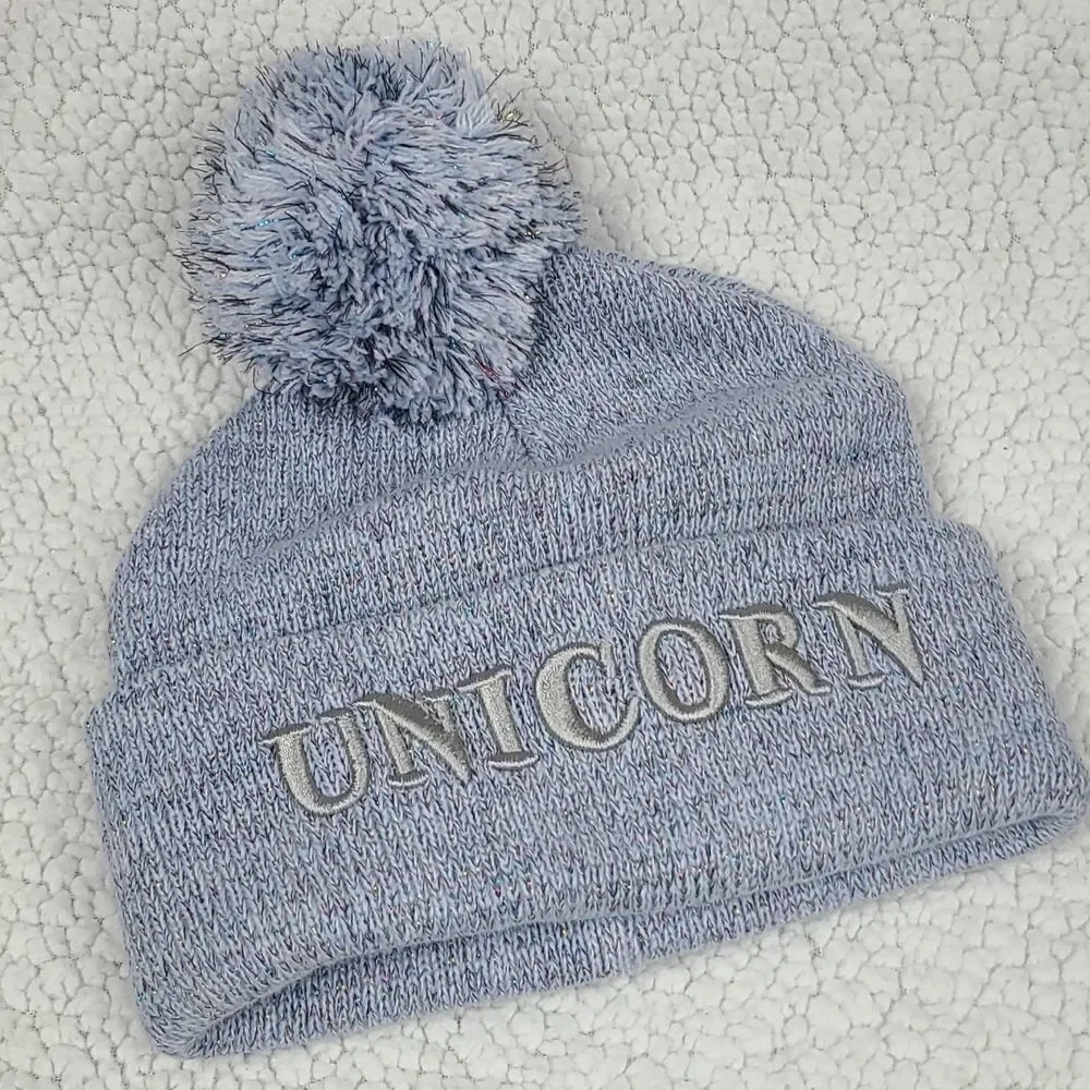 UNICORN Embroidered Light Blue Fuzzy Pom Pom Beanie Knit Winter Hat One Size NEW